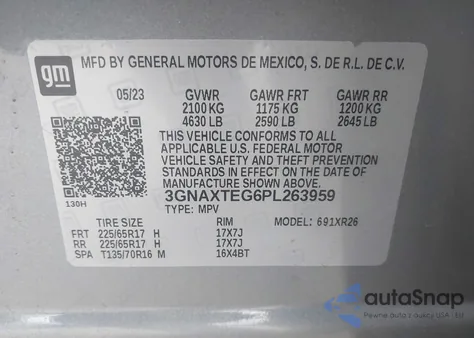 2023 Chevrolet Equinox Awd 2Fl из США, поврежденный, VIN 3GNAXTEG6PL263959